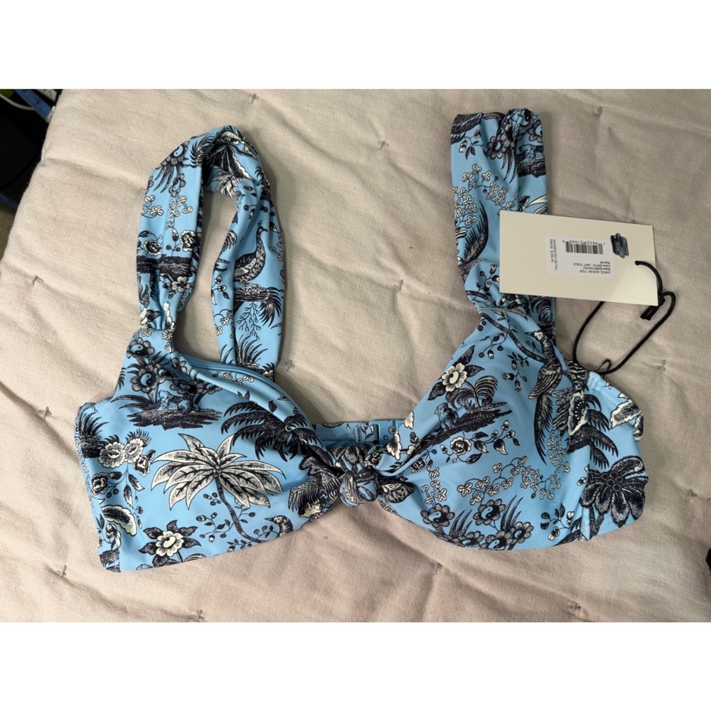 Staud Janie Bikini Top Sky Toile Blue Black Floral Bird Print Size M